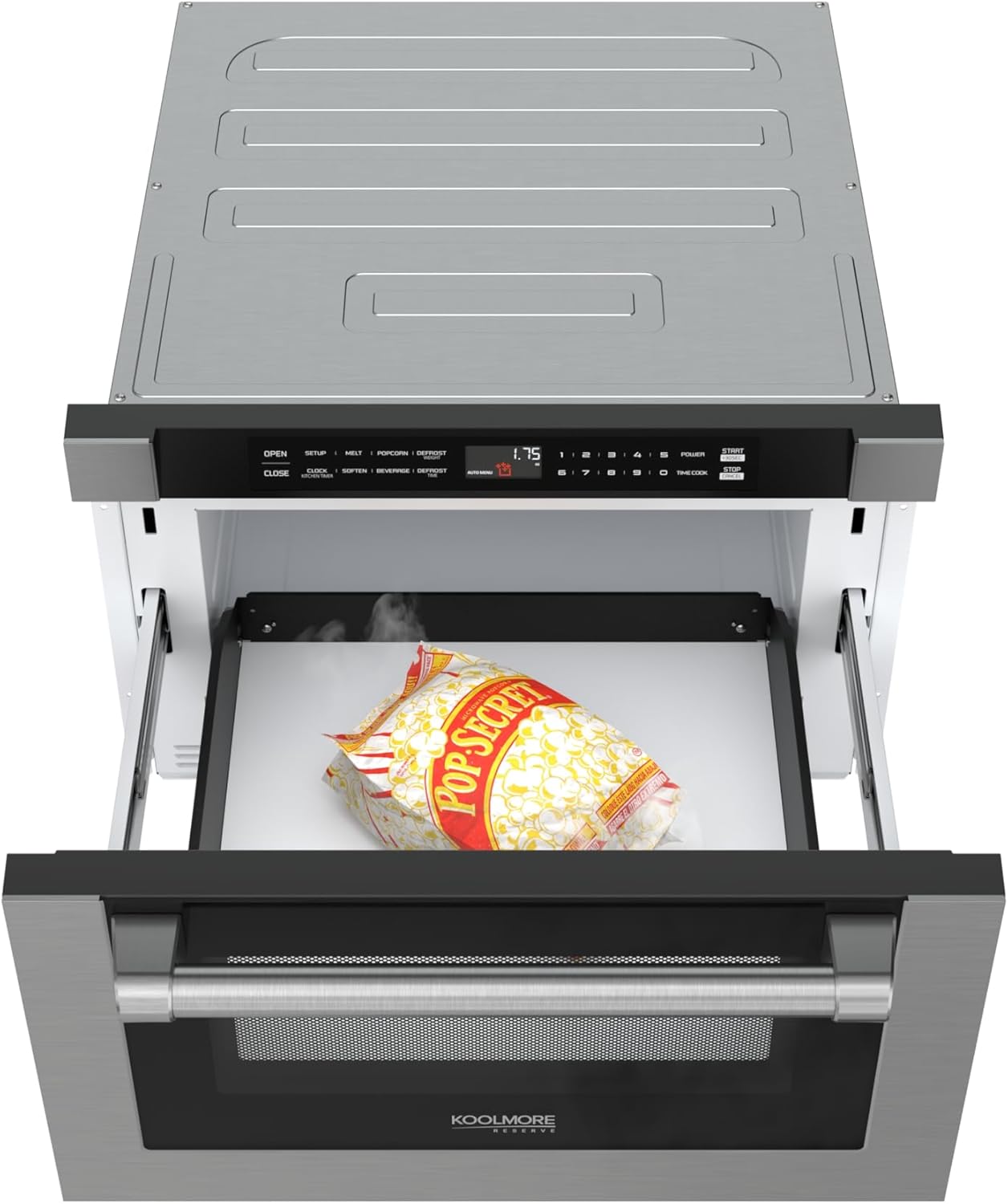 KoolMore Reserve 24 in. 1.2 cu. ft. Microwave Drawer with Electric Door Opening, 10 Power Levels, Sensor Cooking, Melt, Defrost, Bake, Roast, Broil, 1500 Watts, UL Certified in Black Stainless-Steel