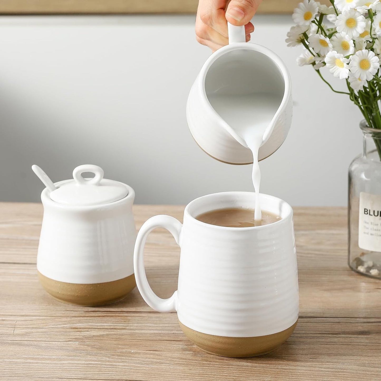 glowworm Sugar and Creamer Set, Vintage Porlcelain Pitcher Creamer Sugar Bowl with Lid, 11 Ounce Sugar Bowl, 10 Ounce Cream Pitcher, Dishwasher Safe, White