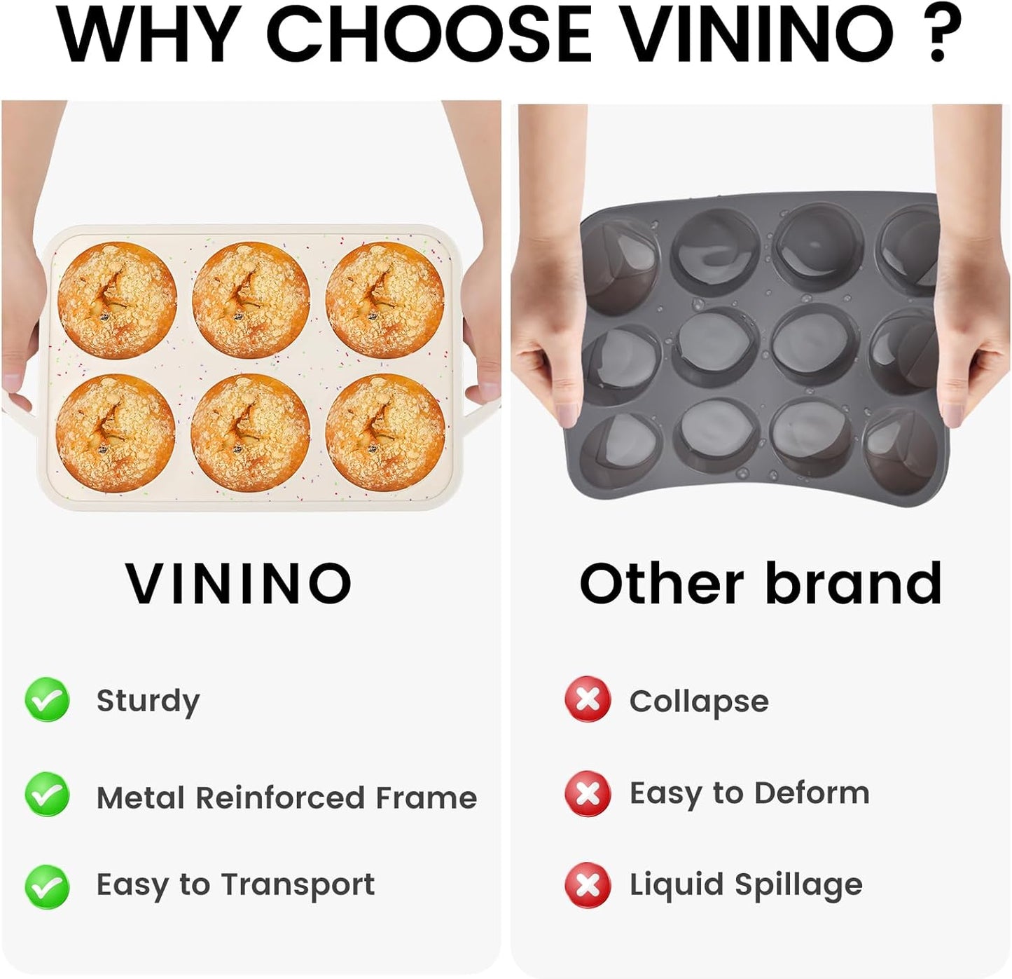 Vinino Jumbo Muffin Pan with Metal Reinforced Frame-2Pack, Silicone Cupcake Pan for Baking 6 Cup Jumbo Size, BPA Free Silicone Muffin Tray, Cupcake Baking Pan Molds for Oven Dishwasher Safe-Cream