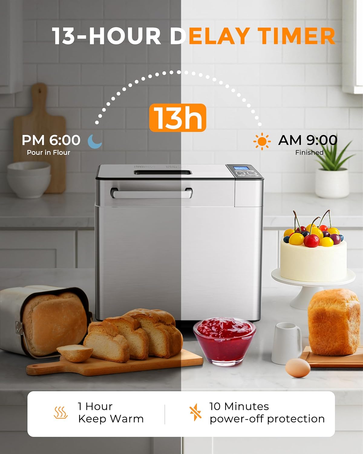 EUHOMY Bread Maker Machine 13-in-1 Bread Machine, Dough Maker, Auto Nut Dispenser & Ceramic Pan, 2LB and 3 Loaf Sizes & 3 Crust Colors, 650W Bread Machine with Keep Warm Set, Whole Wheat