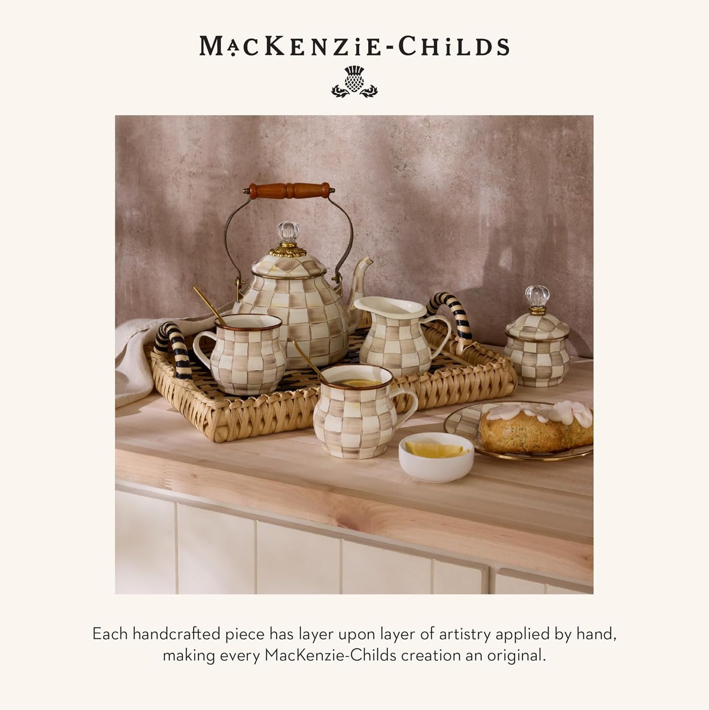 MACKENZIE-CHILDS Enamel Everyday Bowl, Serving Bowl for Entertaining, Extra Large, Brown-and-White Mocha Check