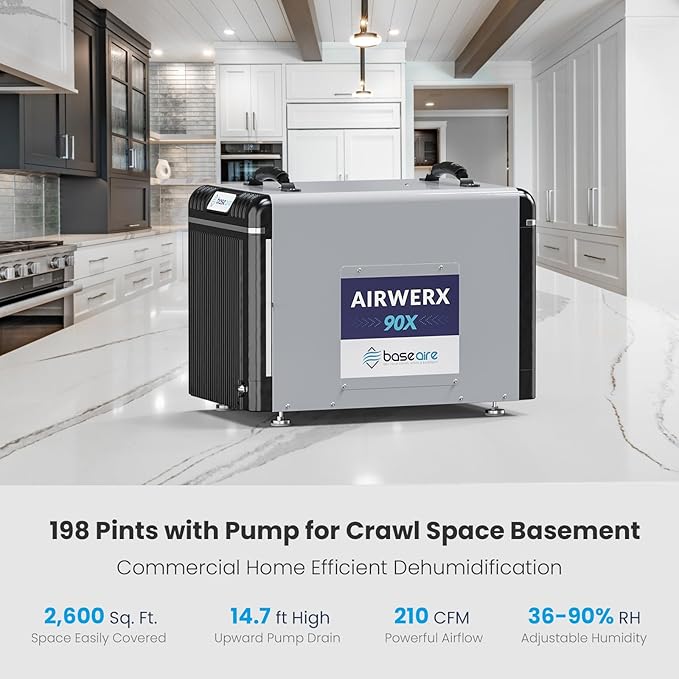 BaseAire AirWerx90X Energy Star Dehumidifier for Crawl Space Basement, 198 Pints Commercial Dehumidifier with Pump, 5 Years Warranty, Intelligent Humidity Control, Auto Shut off/Restart