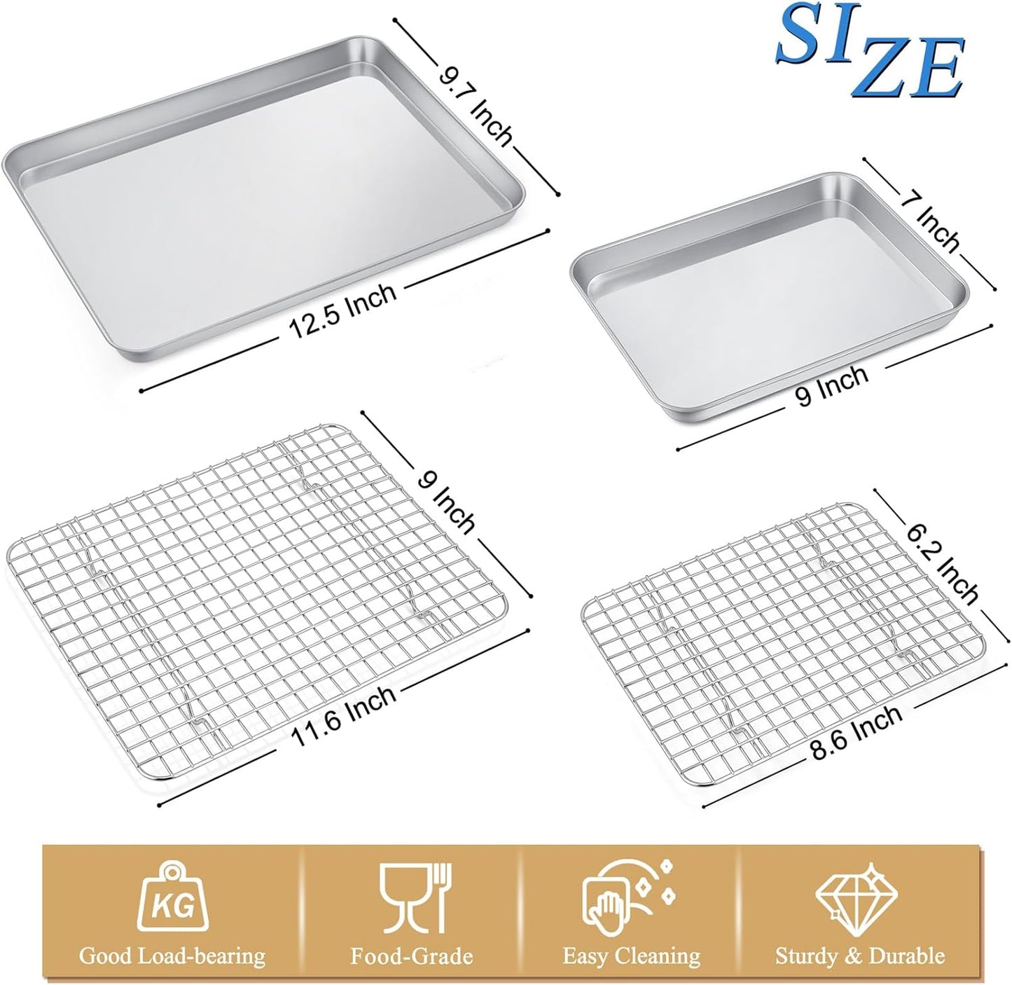 P&P CHEF 12.5 + 9 Inch Baking Sheet and Rack Set, Stainless Steel Cookie Sheets Oven Baking Pans Trays with Cooling Racks for Cooking & Roasting, Oven & Dishwasher Safe, (4Pcs)