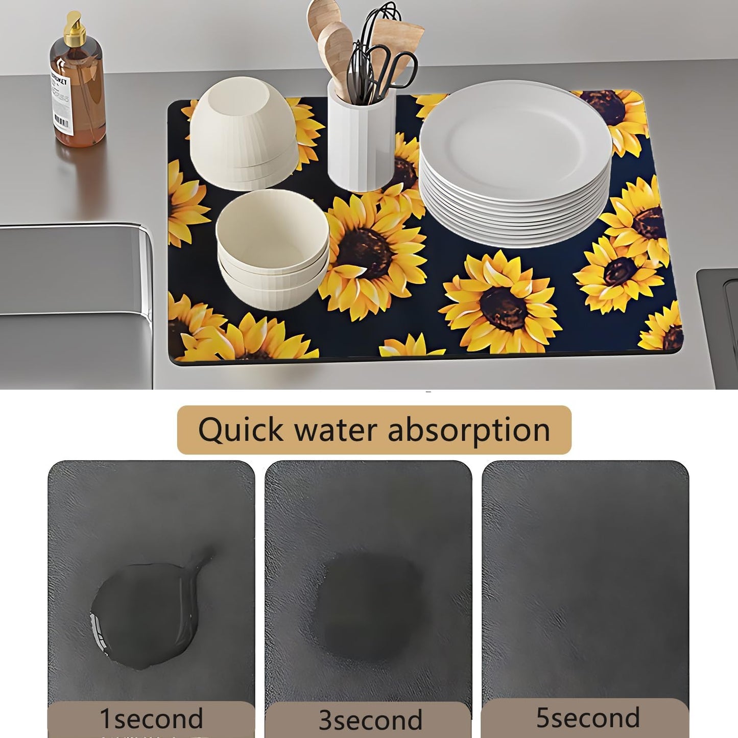 Dish Drying Mat Foldable Fall Kitchen Drying Mat Absorbent Sink Mat Multi-Purpose Coffee Pad Easy To Clean,Kitchen Gadgets,sunflower decor(sunflower) (12inches*16inches)