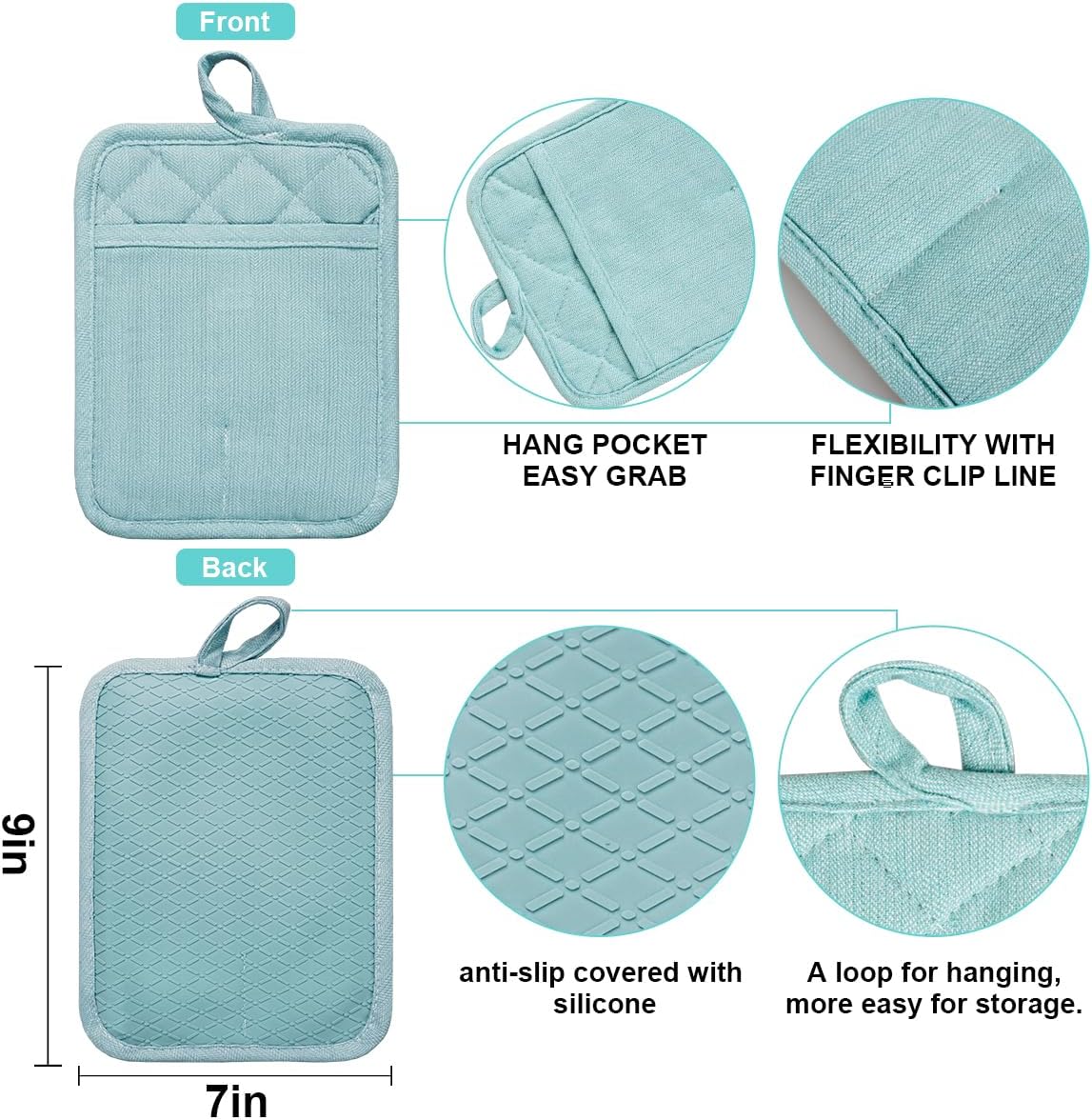 Pot Holders Yarn-Dyed Set of 3 Non Slip Silicone Kitchen Lines Heat Resistant 500℉ Kitchen Gloves BBQ Cooking Baking Cooking Barbecue Microwave Machine Washable (Light Blue Potholders)