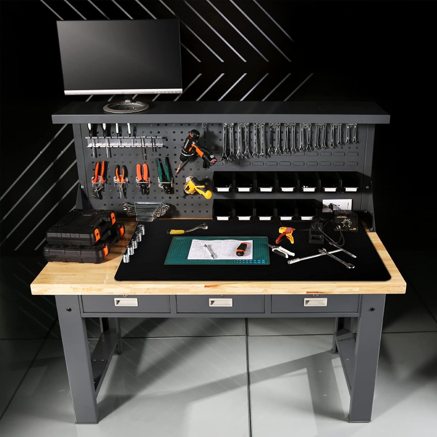 Ewen 31.6"x23.5" Large Silicone Kitchen Counter Mat, 2mm Thick Heat Resistant Silicone Countertop Protector Mat Cover for Baking Air Fryer Toaster Oven Microwave Coffee Maker Cutting Board Drill Black