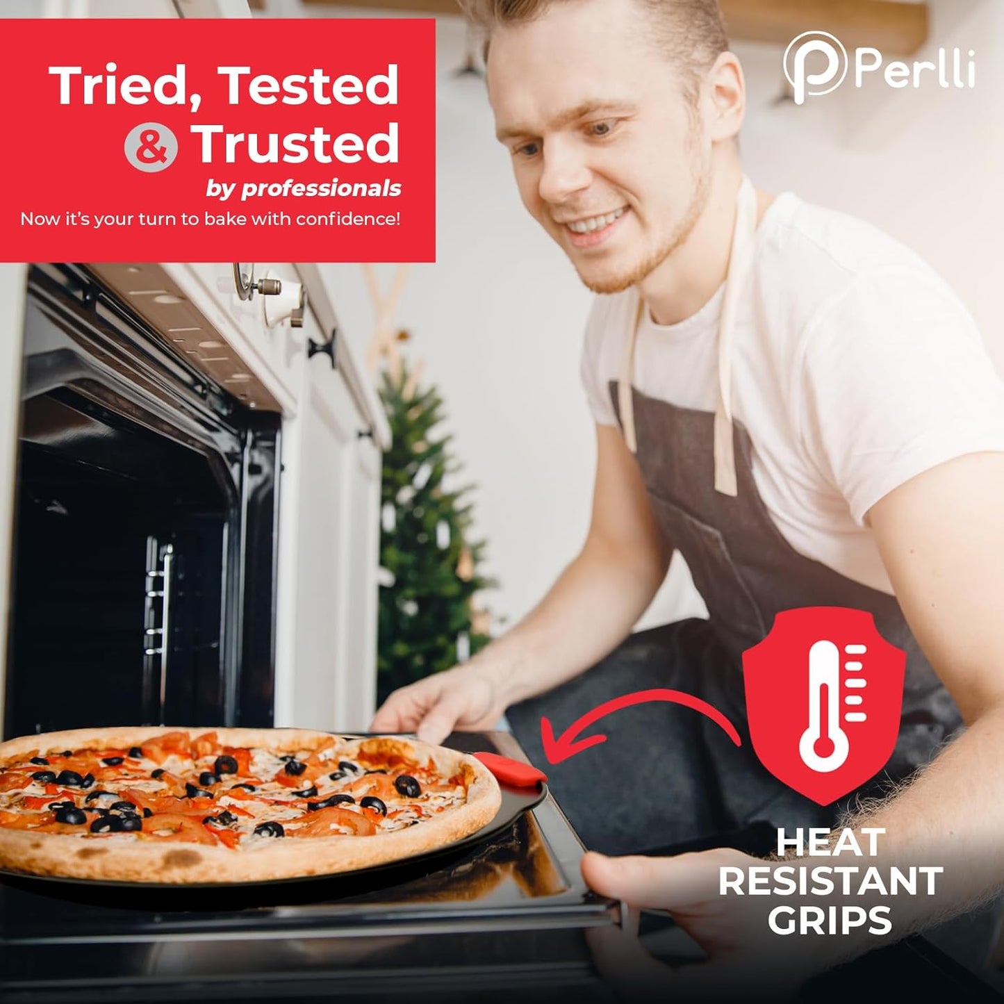 PERLLI Non-Stick 10-Piece Baking Pan Set, BPA-Free Carbon Steel Bakeware Set with Silicone Handles, Stackable Kitchen Oven Set, Cookie Sheet, Baking Tray, Baking Sheet Set, Oven Safe (446°F)