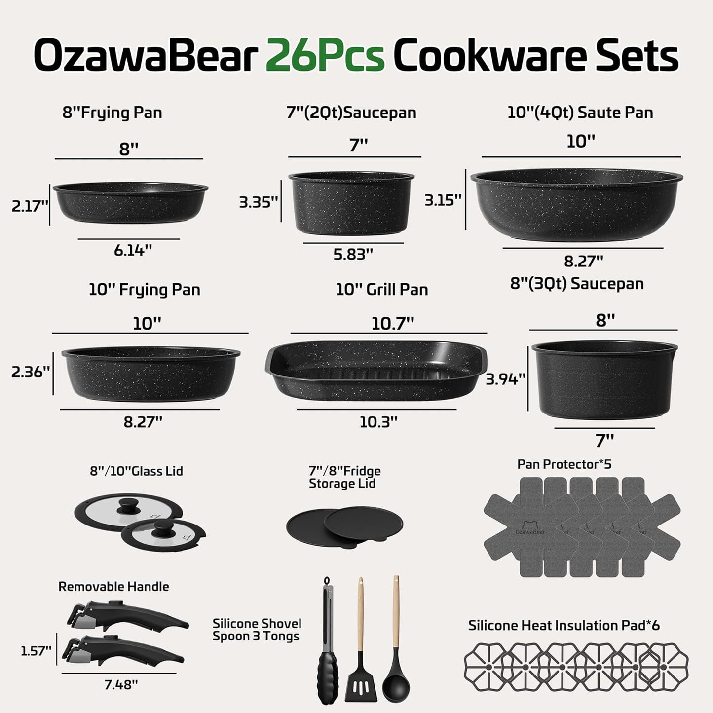 26 Pcs Pots and Pans Set Non Stick, Ceramic Cookware Set Non Toxic with Detachable Handles, Healthy Induction Cookware Dishwasher Oven Safe RV Kitchen Set, PFAS PFOA & PTFE Free, Black