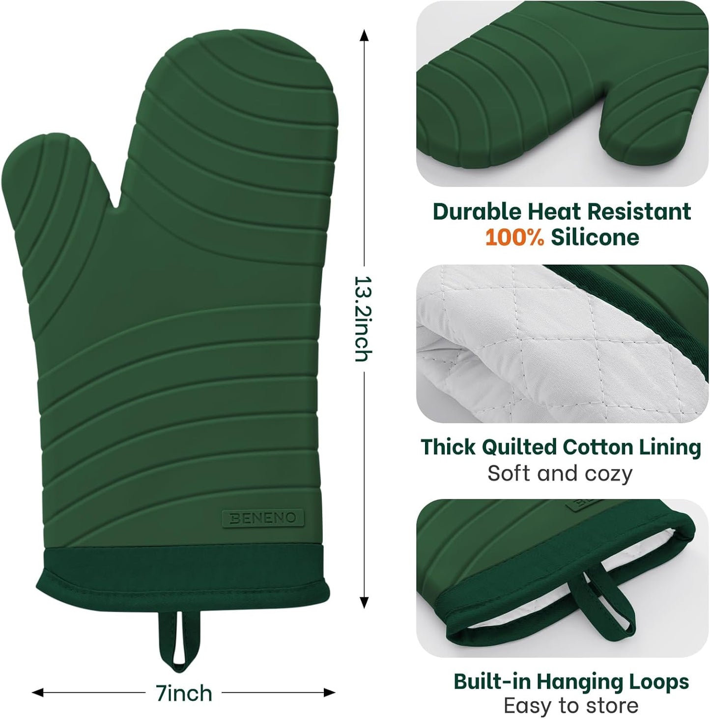 Beneno BPA-Free Silicone Oven Mitts, Heat Resistant Waterproof Oven Mitts with Non-Slip Textured Grip, Comfortable Quilted Lining, Kitchen Pot Holders for Cooking, Baking, Grilling, 7"x13", 2Pcs Green