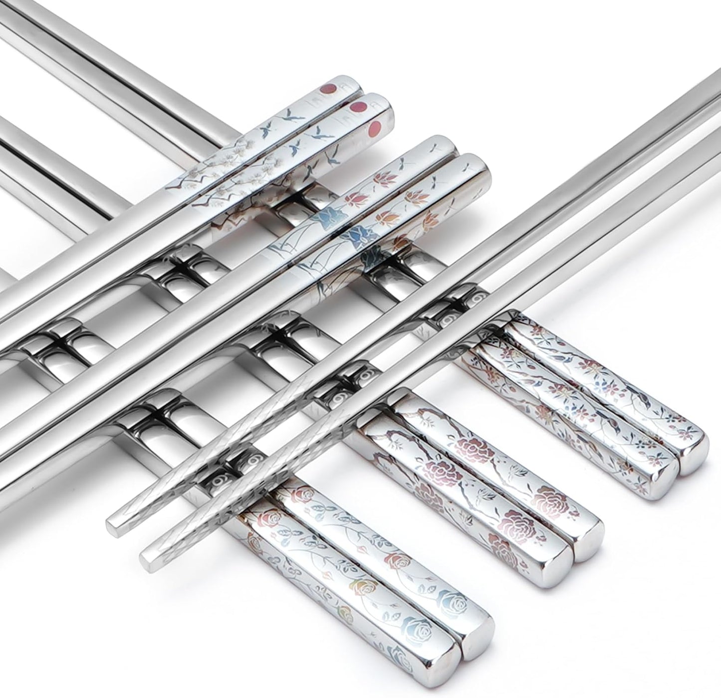 Stainless Steel Chopsticks, Titanium Plated Metal Chopsticks, 9.8" Premium Japanese Korean Color Laser Engraved Cooking Chop Sticks, Dishwasher Safe, Reusable, Anti-slip, Anti-scald, 5 Pairs Gift Set