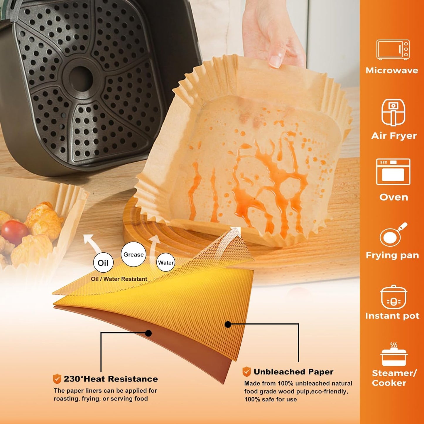 Air Fryer Paper Liners, 50 PCS Air Fryer Liners Disposable, 6.3" Square Parchment Paper Sheets for 2-4 qt Airfryer Basket, Non-stick and Oil Proof Baking Liner for Oven, Pans