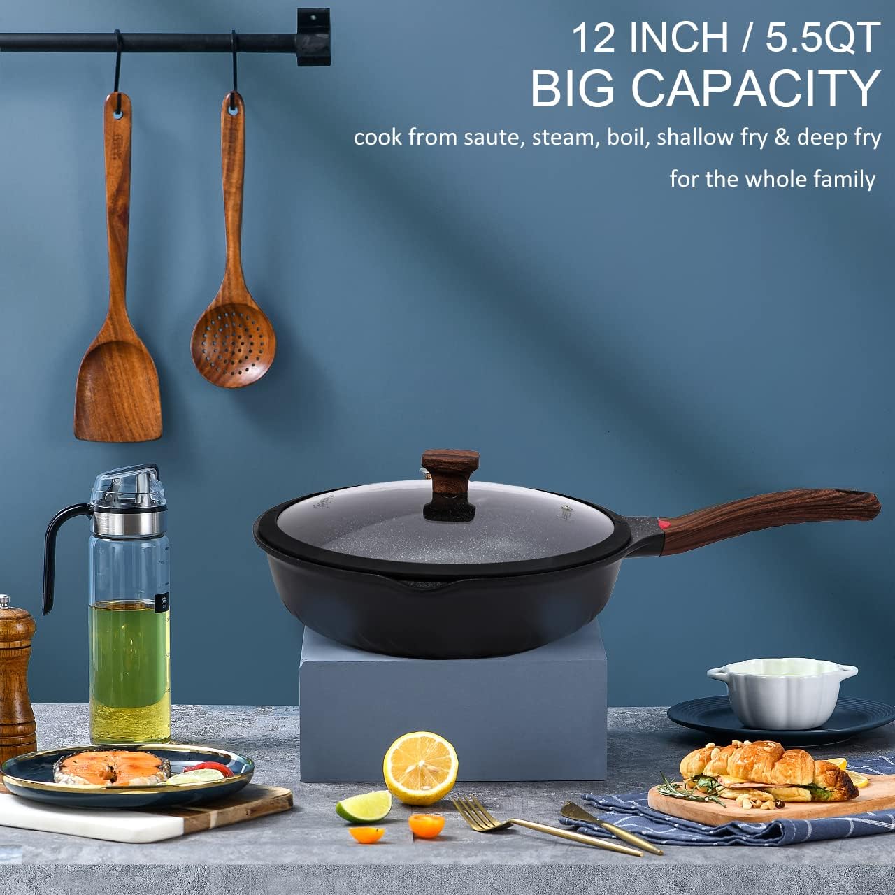 Vinchef Nonstick Deep Frying Pan Saute Pan with Lid, 12in/5.5Qt Fry Pan, German 3C+ Ceramic Coating Technology, Heat Indicator, Induction Compatible