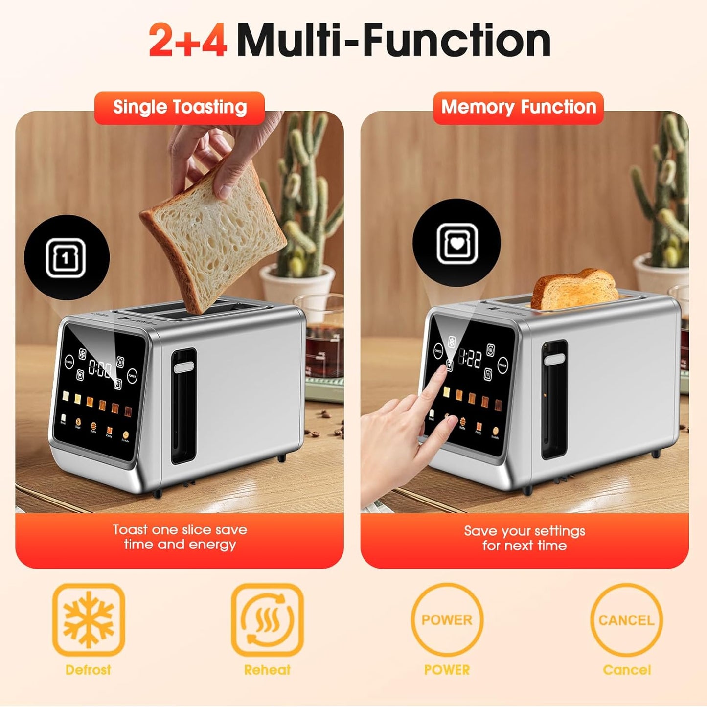 Toaster 2 Slice Wide Slot, Stainless Steel Digital Toasters Best Rated Prime, Touch Screen Toaster for 5 Bread Types/6 Shade Settings/Single Slot Toasting/Memory Function/Defrost/Reheat