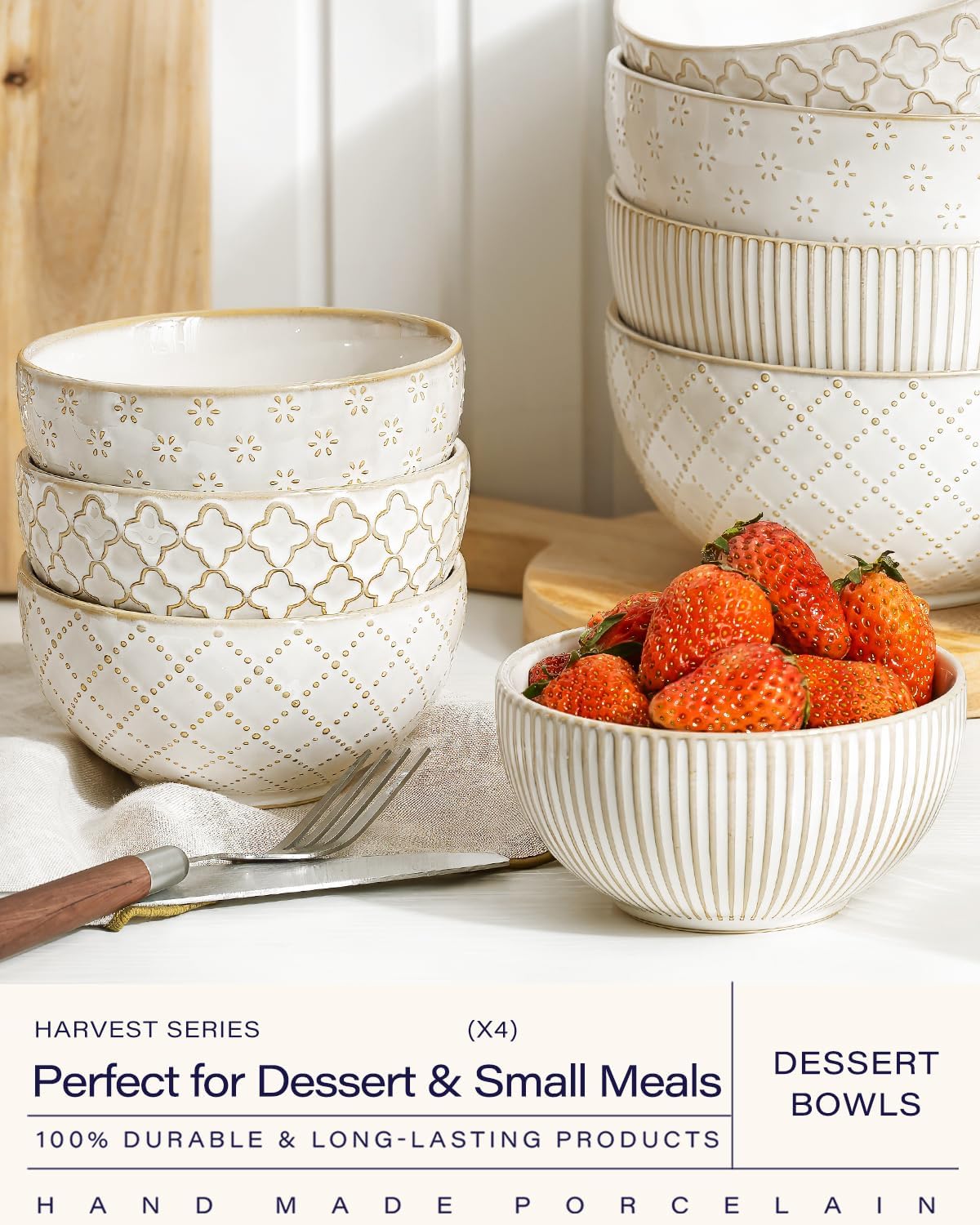 getstar Ceramic Bowl, Small Dessert Bowls Set of 4 with Assorted Embossment (4.5 inch & 10 oz), Farmhouse Vintage Color Bowls for Kitchen