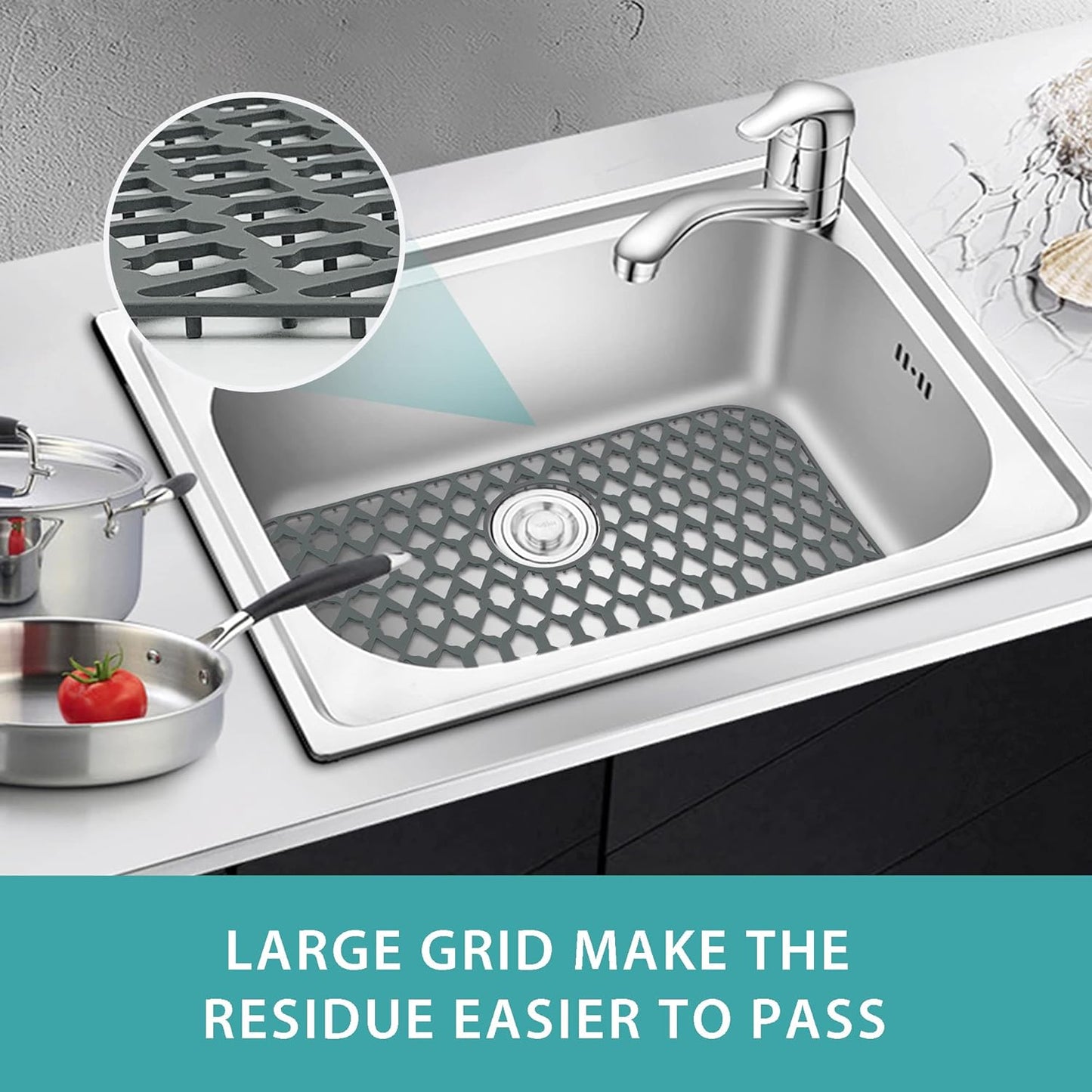 Sink Protectors for Bottom of Kitchen Sink 13x11 &16x12 &19x14 &21x16 &22x13 &24x13 &28x14 &30x16, Large Farmhouse Silicone Mats Grid (26”x14”, Rear Drain)