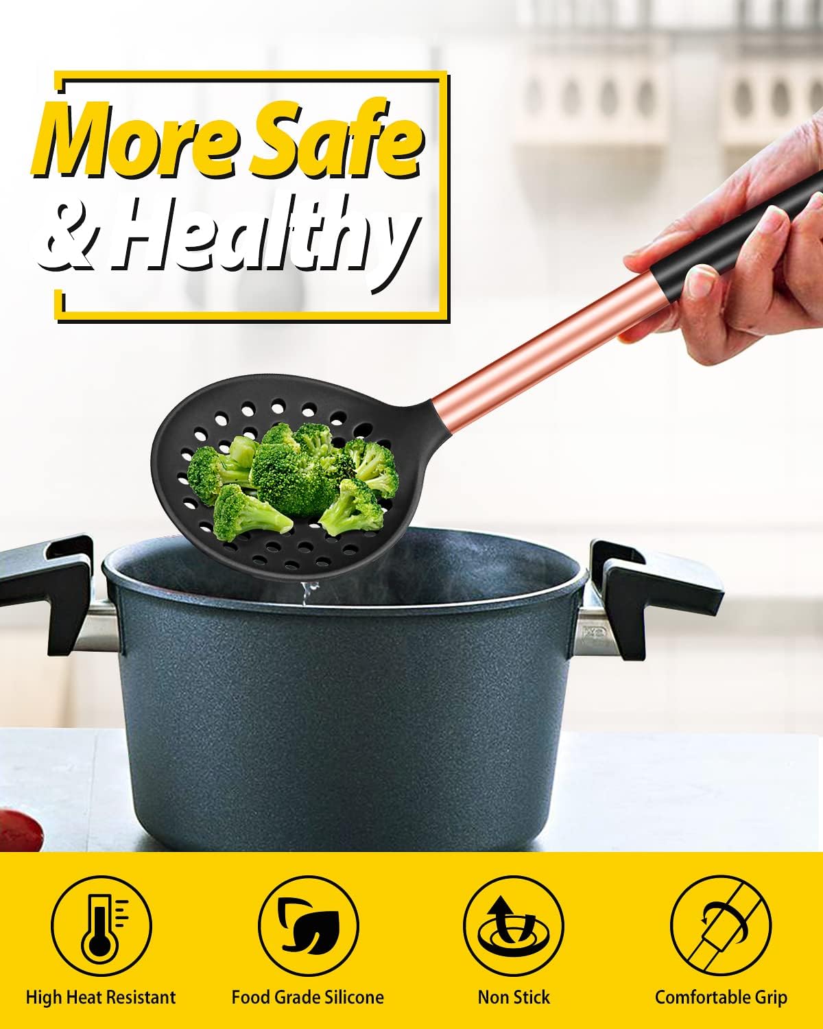 Kitchen Ladle Strainer Set of 2 Large Slotted Spoon with High Heat Resistant BPA Free Non Stick Cooking Skimmers For Draining and Frying