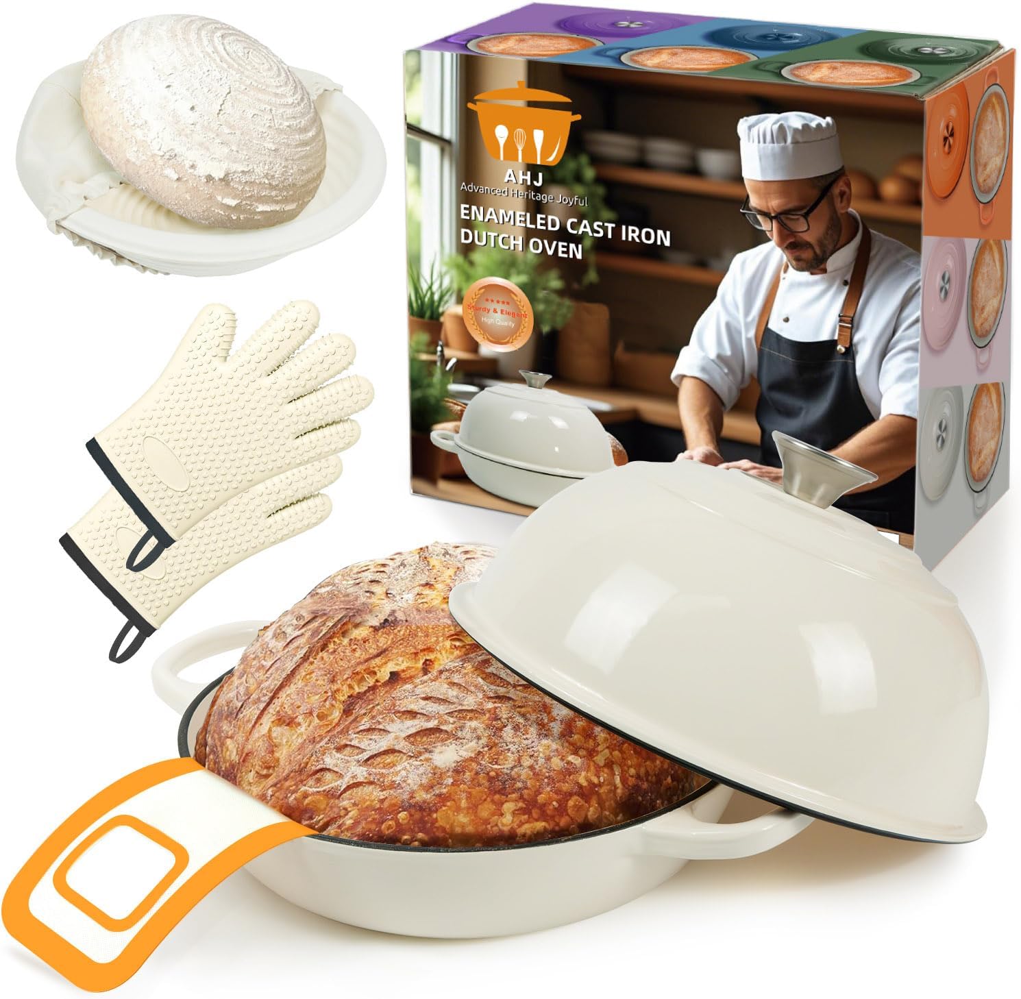 AHJ 6QT Dutch Oven For Bread Baking, Enameled Cast Iron Dutch Oven Pot with Lid, Multi-Functional Bread pan, Sourdough Baking Supplies with Proofing Basket, Cast Iron Bread Oven, Silicone Sling & Gloves. - Thumbnail 2