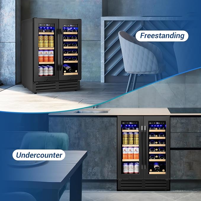 24" Black Dual Zone Wine & Beverage Refrigerator | Under Counter Built-In or Freestanding | 18 Bottles & 68 Cans | Glass Door with Lock Large Capacity for Beer Wine Soda Drinks