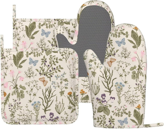 Vintage Wildflower Herbs Floral Rustic Butterfly Oven Mitts and Pot Holders Sets Silicone Kitchen Mitts Potholders Heat Resistant 4Pcs Oven Gloves Hot Pads for Kitchen Baking Cooking