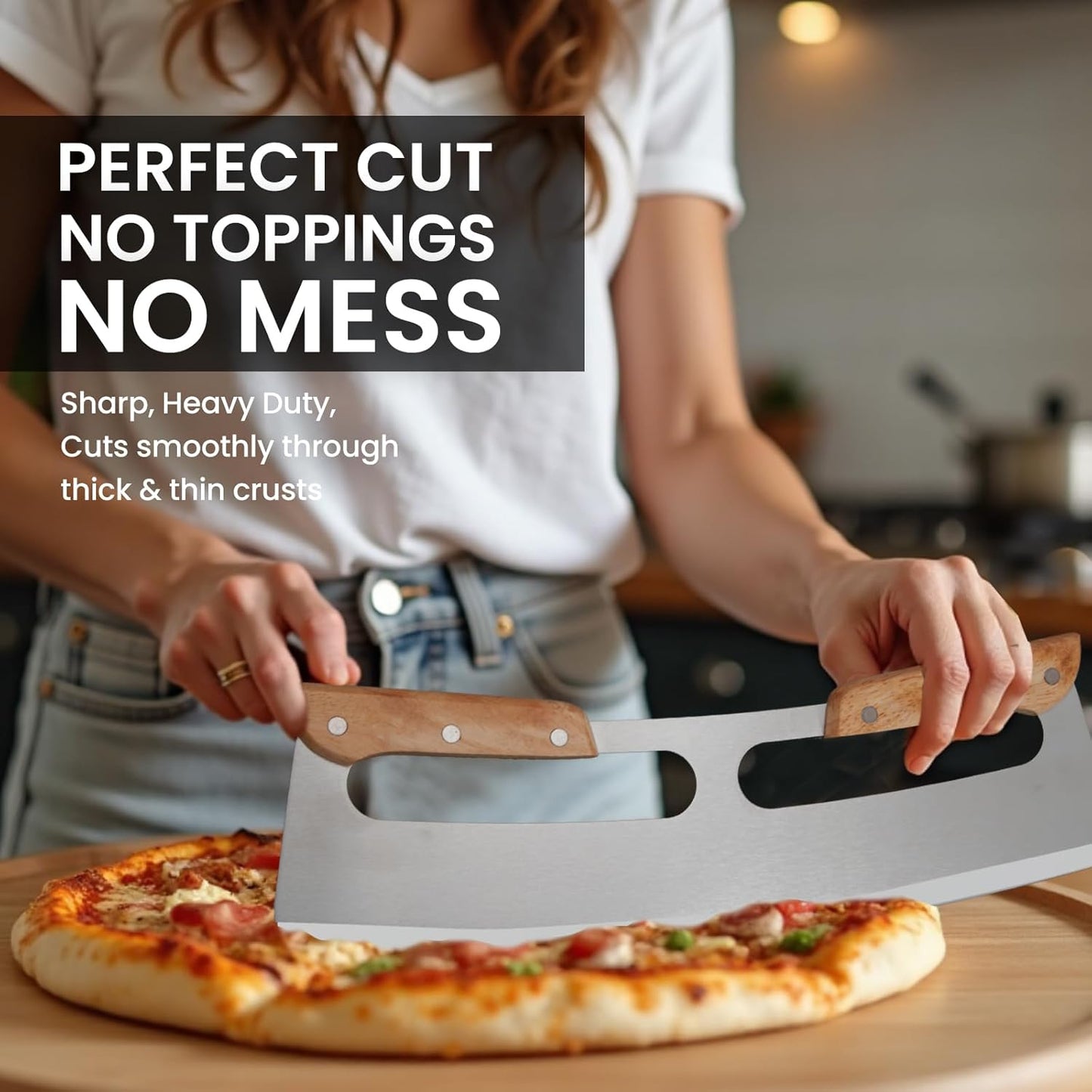 SCHVUBENR 14'' Pizza Cutter Rocker with Large Cover - Sharp Stainless Steel Pizza Slicer with Wooden Handles - Large Pizza Knife Cutter Wheel - Easy to Use & Clean - Slice Pizza with Ease