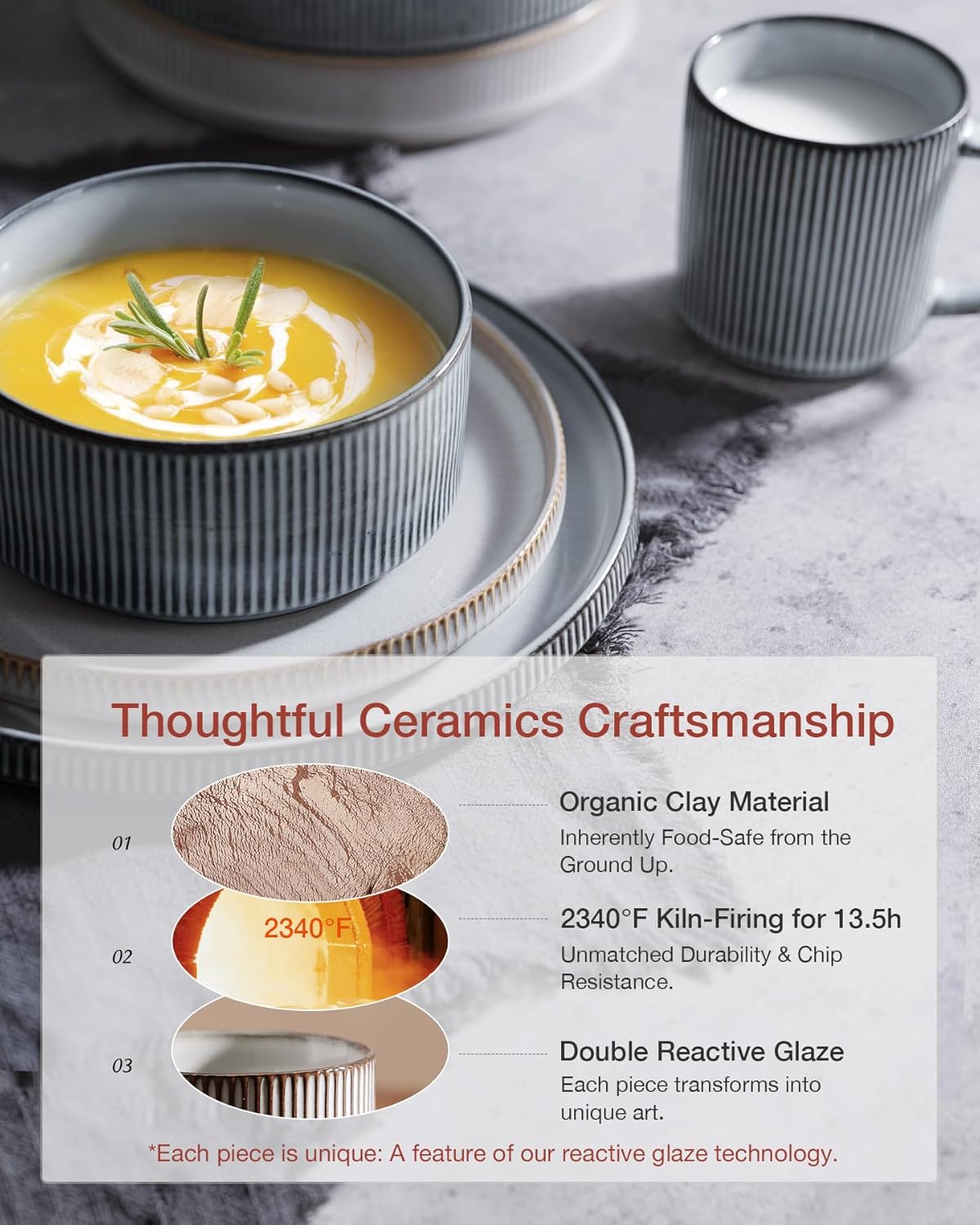 Famiware Star Dinnerware Set, Plates and Bowls Sets for 4 (12pcs), Ribbed Stoneware Dishes - Chip & Scratch Resistant, Microwave & Dishwasher Safe, Multicolor - Cappuccino White & Smoky Blue