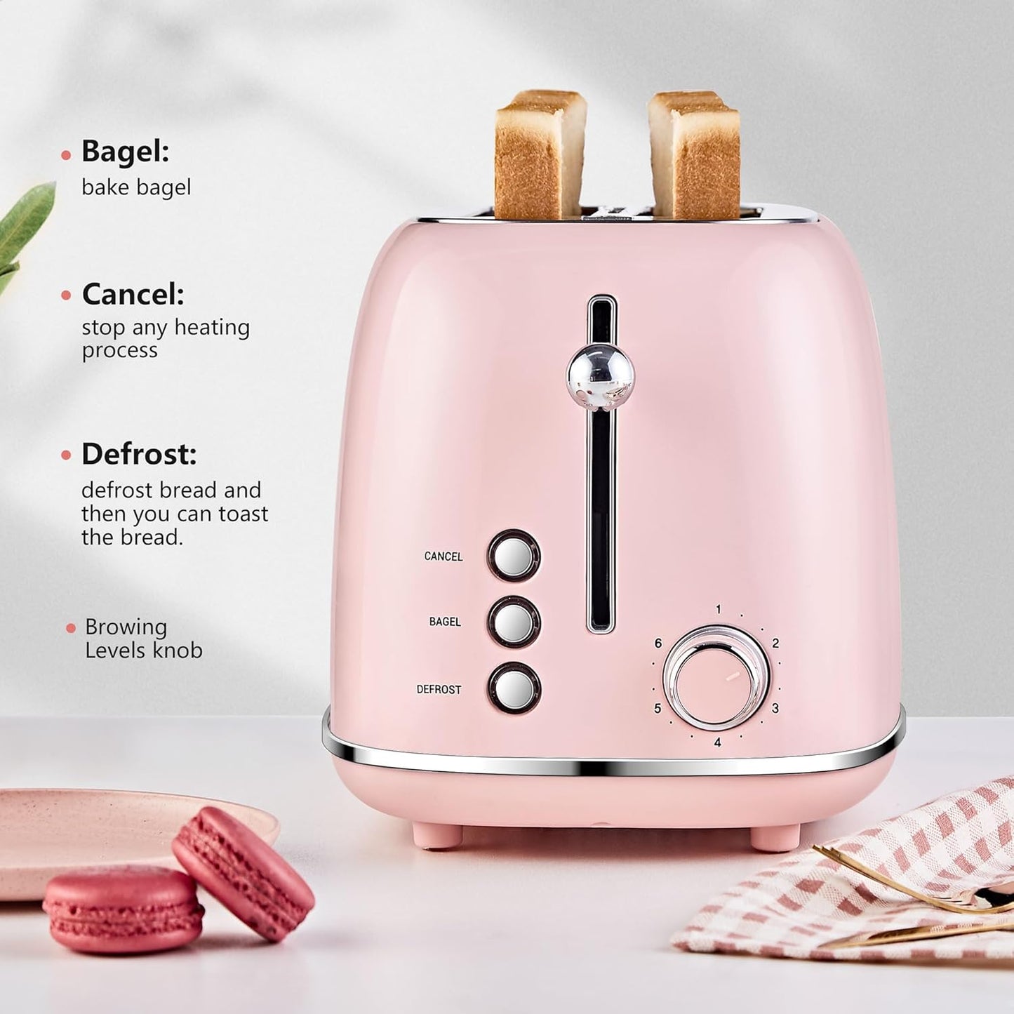 2 Slice Toaster Retro Stainless Steel with Bagel, Cancel, and Defrost Functions, 6 Bread Shade Settings, Extra Wide Slots and Removable Crumb Tray, Pink