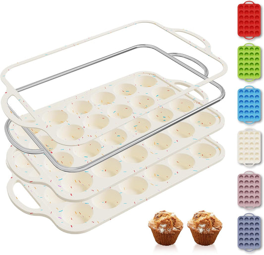 2 Packs 24 Cups Silicone Muffin Pan with Metal Reinforced Frame Mini Size Cupcake Pan Tray Egg Bites Silicone Circle Cookie Molds Muffin Tin Tart Pans Baking Sheet Set for Breakfast Sandwiches
