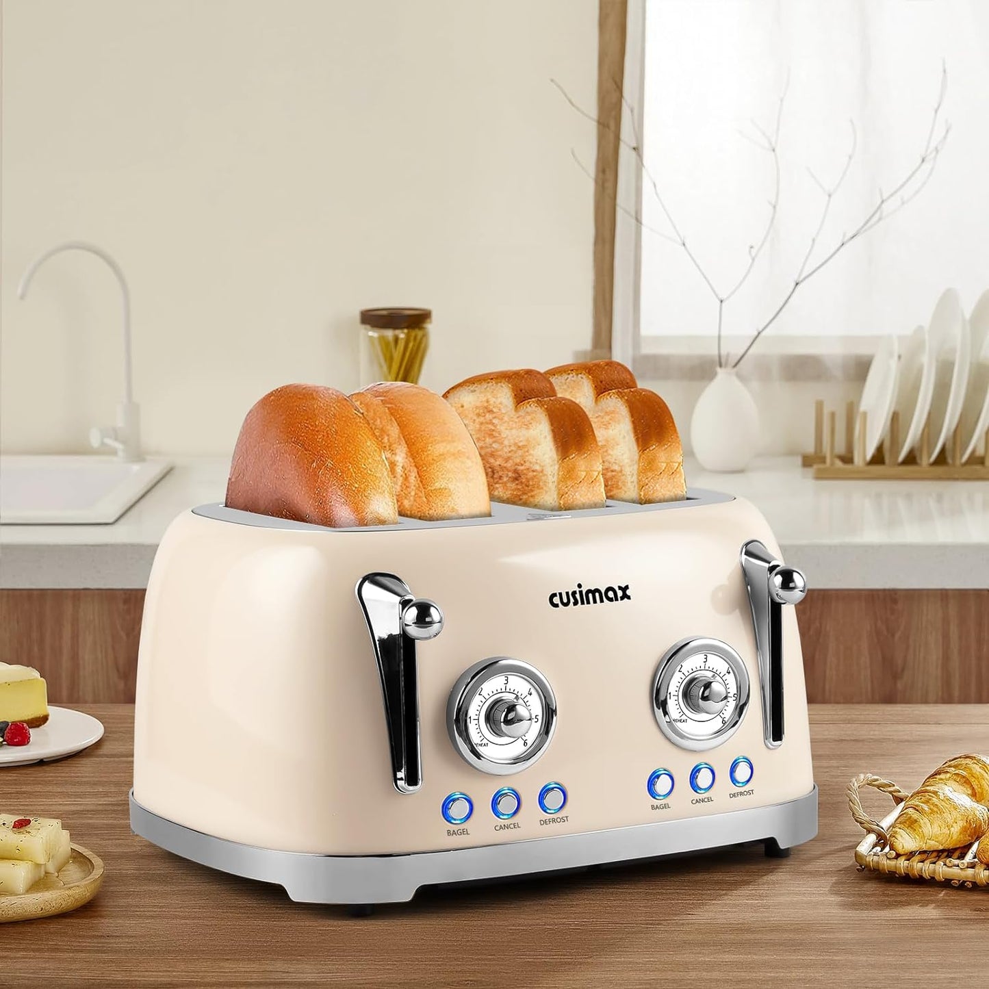 CUSIMAX Retro 4 Slice Toaster With Wide Slots for Bagels, Stainless Steel, 6 Toast Settings, Bagel, Cancel, Defrost & Reheat Functions, Dual Independent Control Panels, Cream