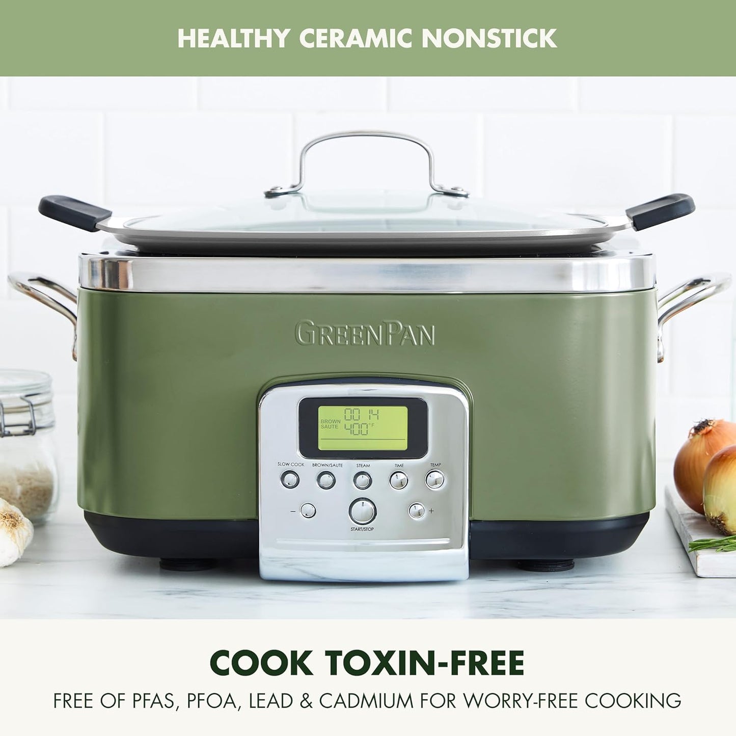 GreenPan Elite 8-in-1 Programmable 6QT Electric Slow Cooker, Dishwasher Safe Lid & Removable Crock, PFAS-Free Healthy Ceramic Nonstick Multi-Cooker, Sear, Sauté, Brown, Steam Basket, Roast, Sage Green