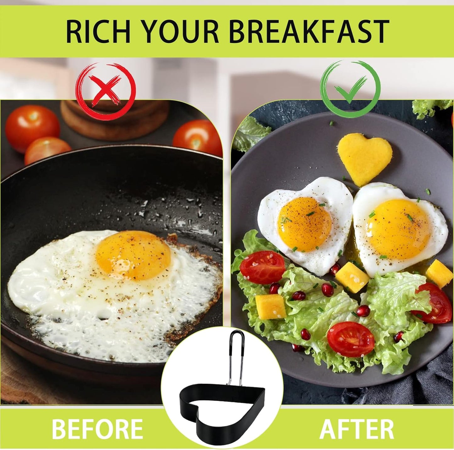 6 Pack Eggs Rings, Stainless Steel Egg Cooking Rings, Round Pancake Mold for Frying Eggs, Omelet and Muffins, Non-stick Fried Egg Mold Ring with Oil Brush and Slotted Spatula, 4 Shapes