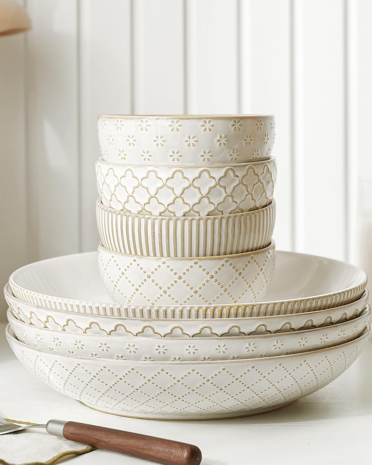 getstar Ceramic Bowl, Small Dessert Bowls Set of 4 with Assorted Embossment (4.5 inch & 10 oz), Farmhouse Vintage Color Bowls for Kitchen