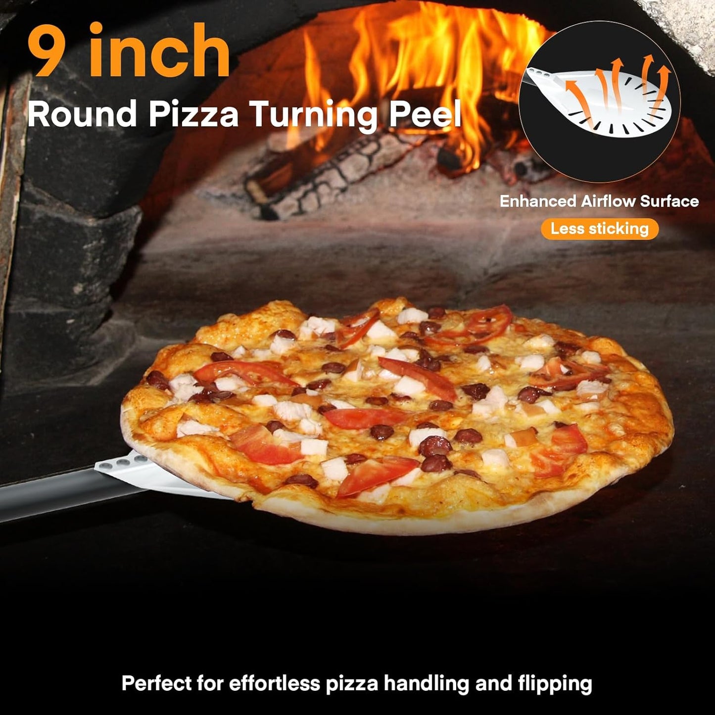 Yofuly 9 Inch Pizza Turning Peel with Oven Brush & Stone Scraper, Perforated Turner Tools Kit for Homemade Baking Pizza, 2PCS Outdoor Pizza Oven Accessories