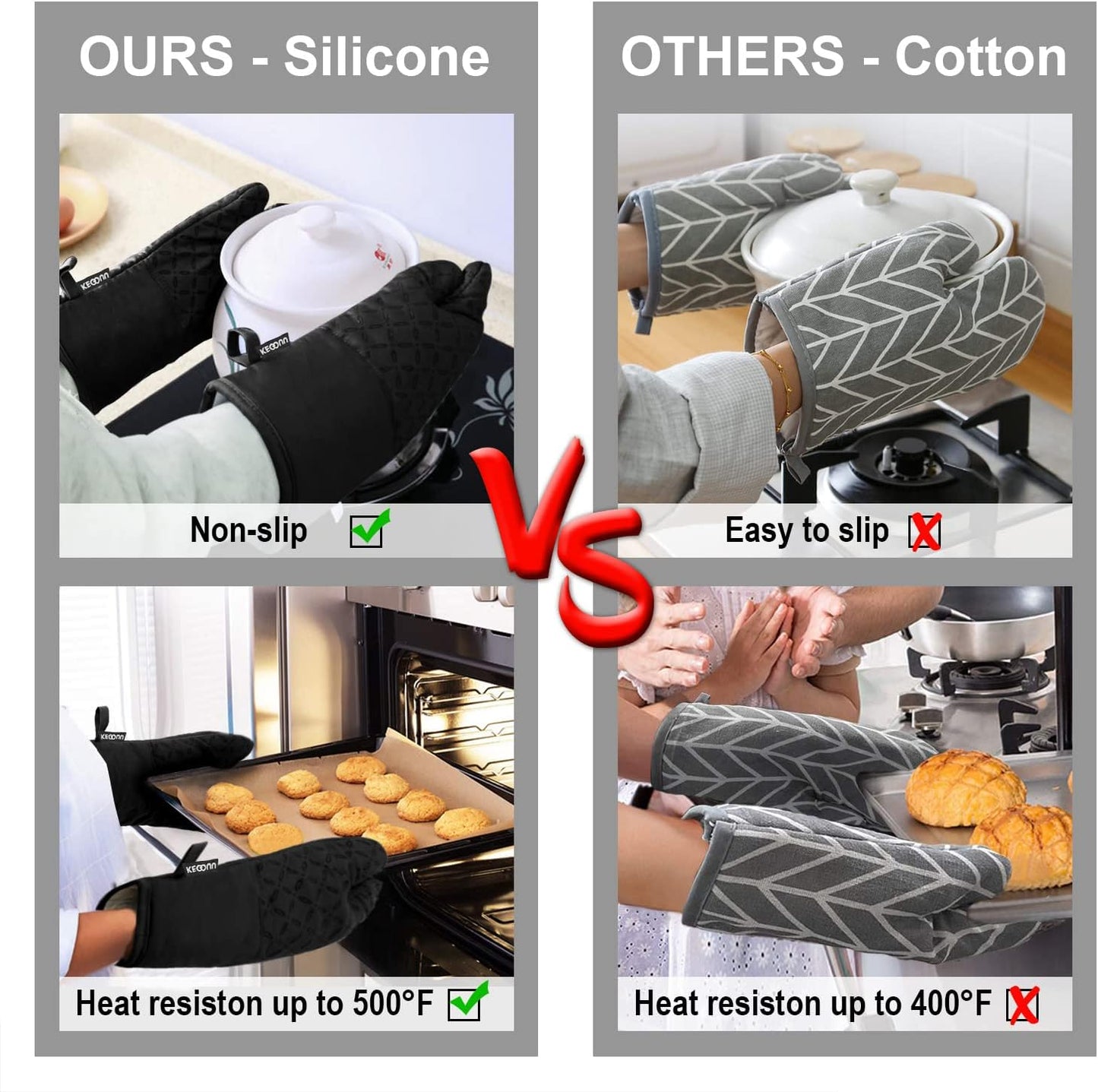 KEGOUU Oven Mitts and Pot Holders 6pcs Set, Kitchen Oven Glove High Heat Resistant 500 Degree Extra Long Oven Mitts and Potholder with Non-Slip Silicone Surface for Cooking (Black)