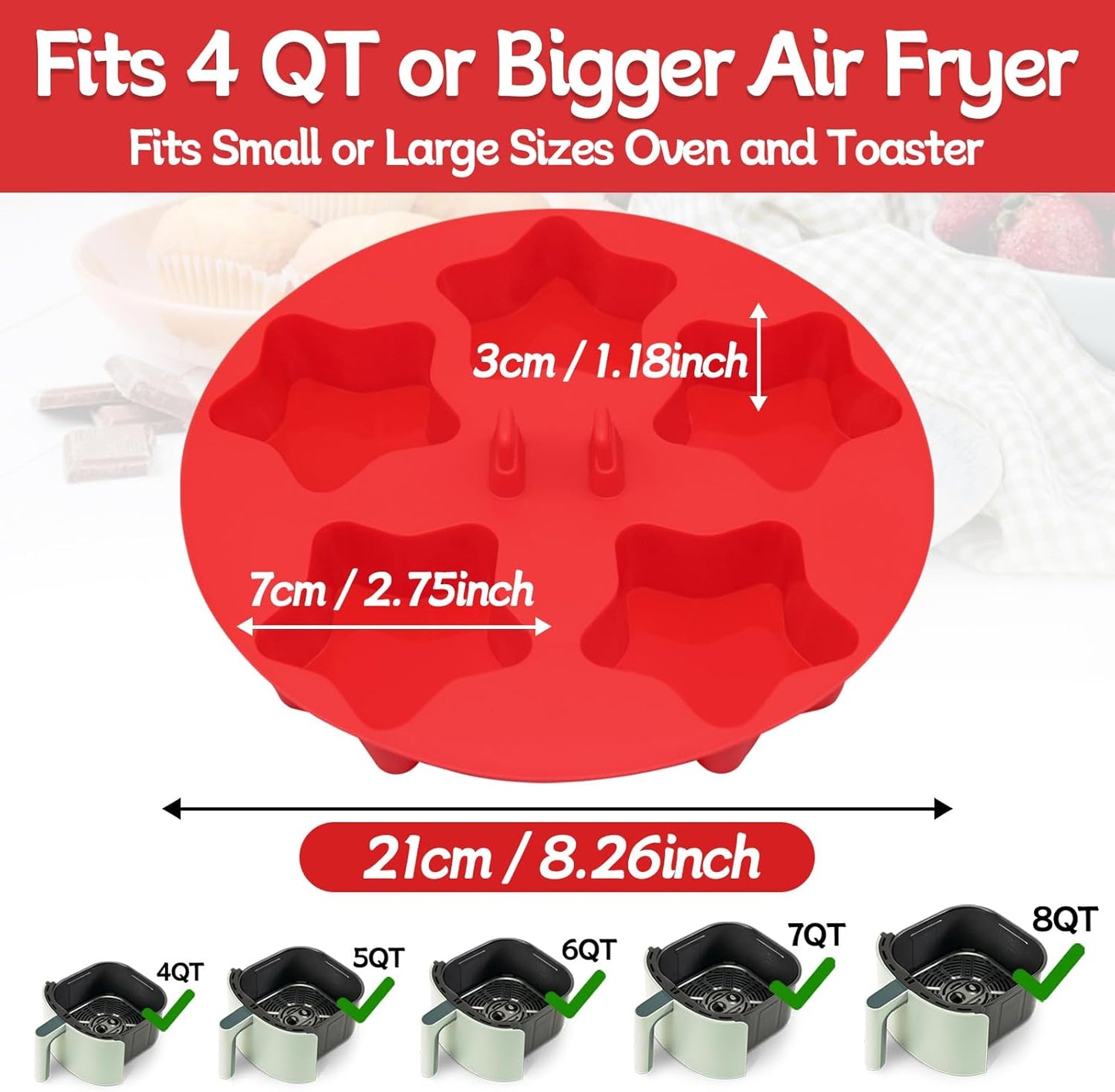 2Pcs Silicone Air Fryer Muffin Pan for Baking with Star Shape, 5 Cups Silicone Cupcake Pans Non Stick Egg Bites Mold, Muffin Tins for Oven Instant Pot Toaster Dishwasher