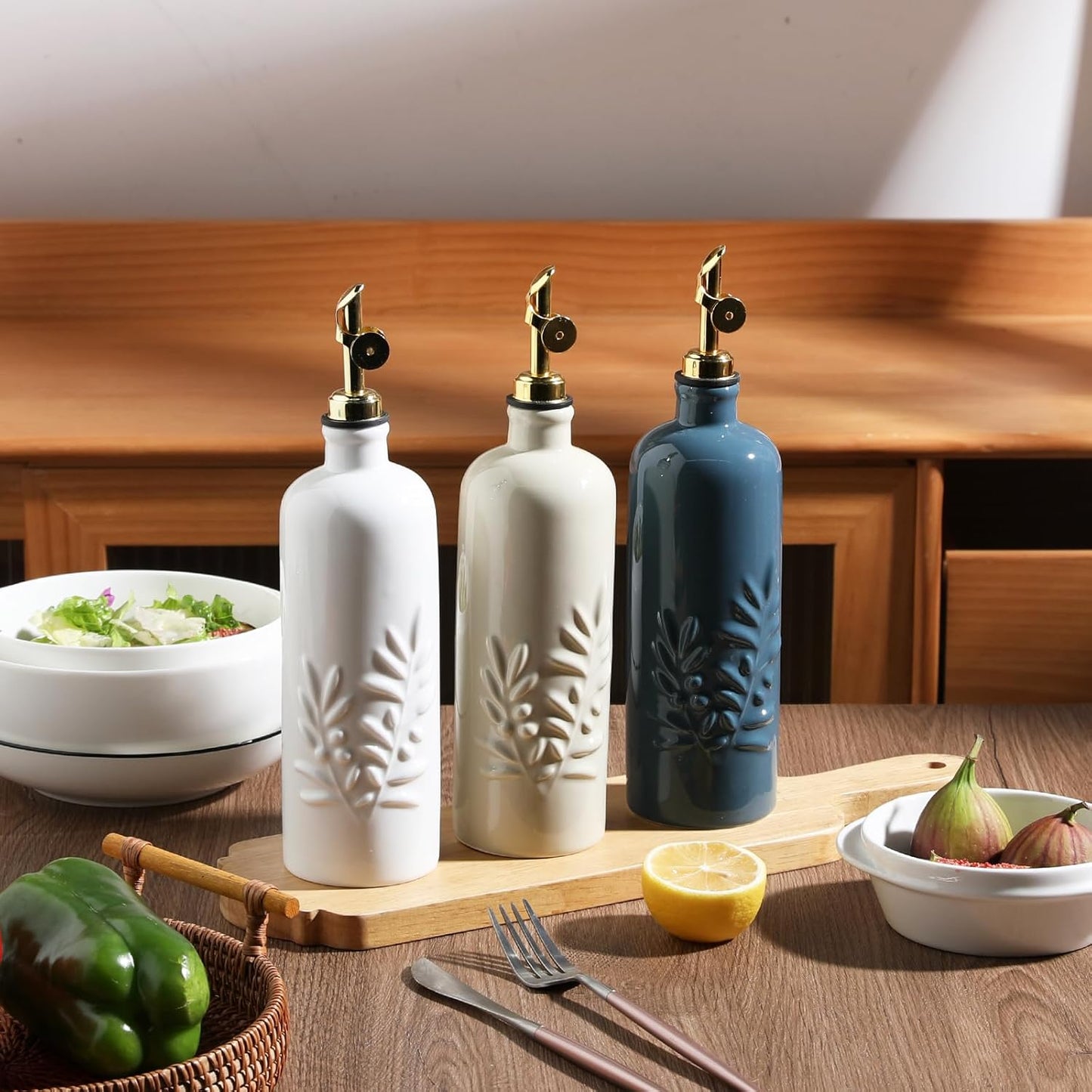 Sweejar 18 Oz Oil Dispenser for Kitchen with Gravity Spout, Ceramic Olive Oil Dispenser Bottle, Relief Opaque Vinegar Container for Evoo, Vinegar, Soy Sauce, Pack of 1(White, Gold Spout)