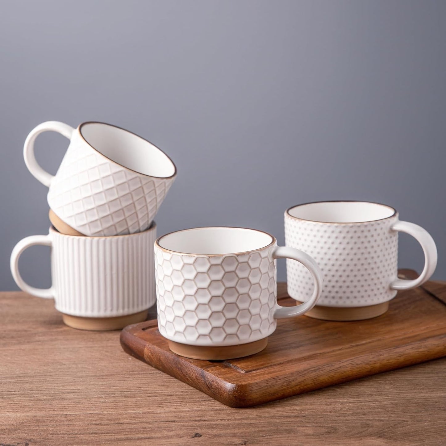 GBHOME 15OZ Stackable Coffee Mugs, Ceramic Coffee Mugs with Texture Patterns for Man,Woman,Dad,Mom, Modern Coffee Mugs Set of 4 for Latte/Cappuccino/Cocoa. Dishwasher&Microwave Safe, Off White