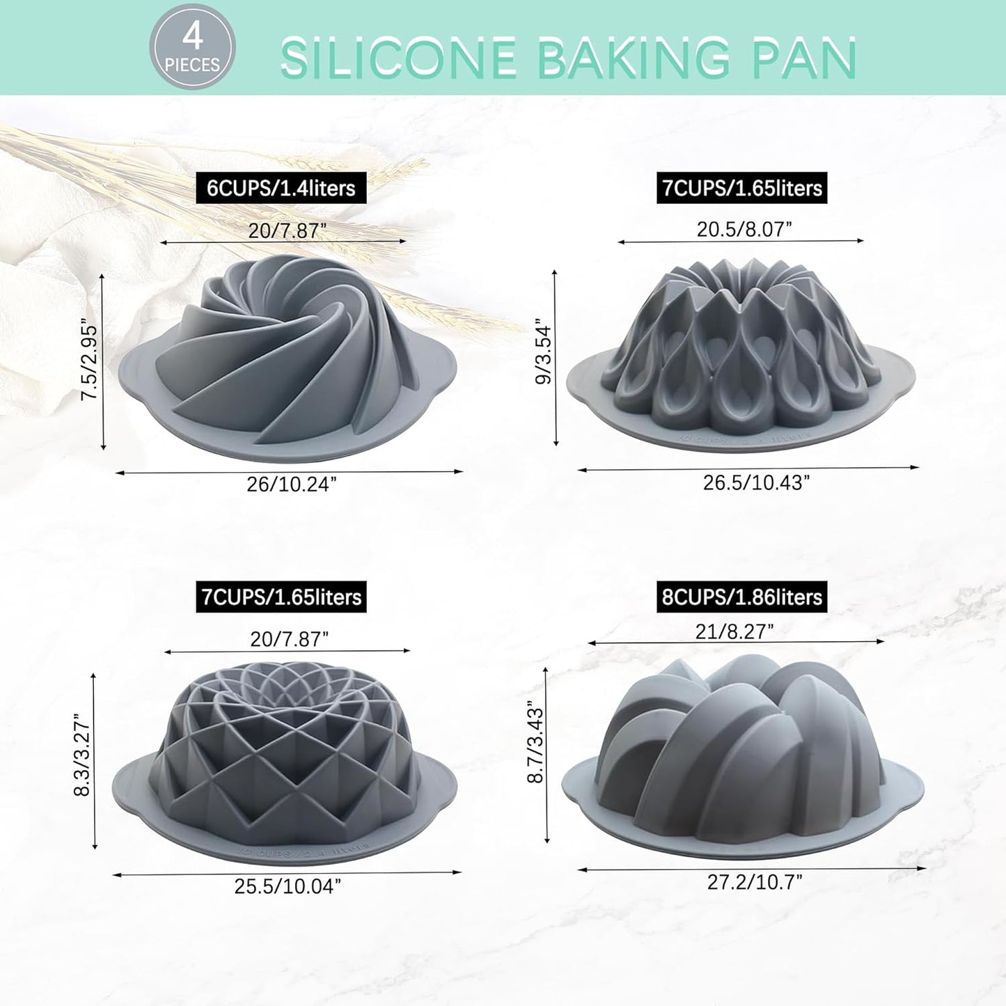 Tongjude 4 Pieces Silicone Fluted Cake Pans, 6/7/8 Cups Tube Baking Pan, Non-Stick Kitchen Oven Baking Pans, Silicone Molds for Homemade Cake, Bread and Jello, Grey