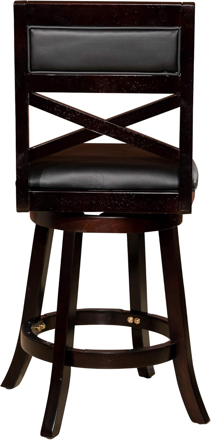 DTY Indoor Living Meeker 24 Inch Counter Height Bar Stools with Backs - Wooden Swivel Counter Stools for Kitchen Island - Black Leather Seat, Solid Wood Frame, Espresso Finish