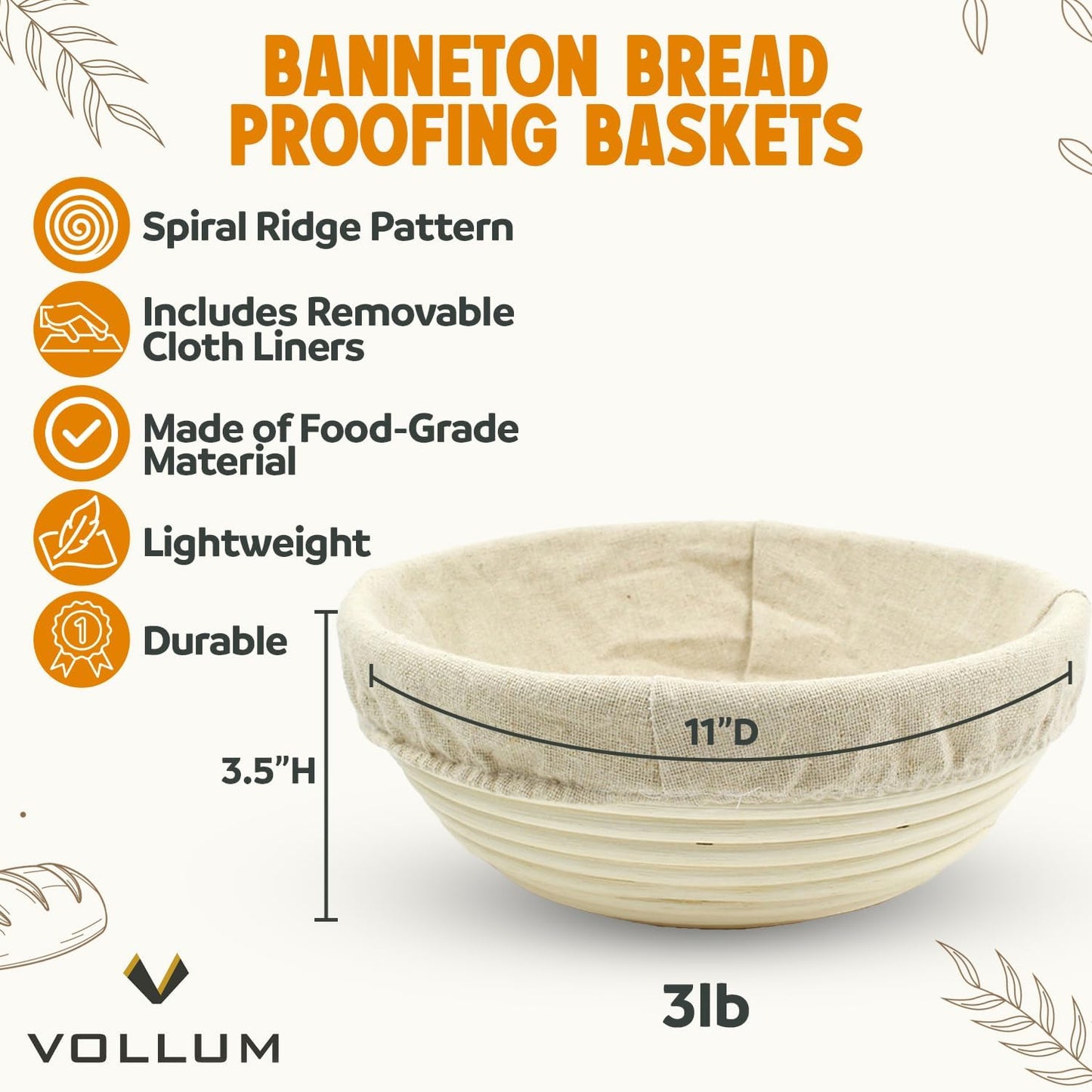 Banneton Bread Proofing Basket Sourdough Proofing Basket for Beginners & Professional Bakers, Handwoven Rattan Cane Bread Maker with Linen for Artisan Breads, 11 x 3.5 Inch, 3-Pound Round