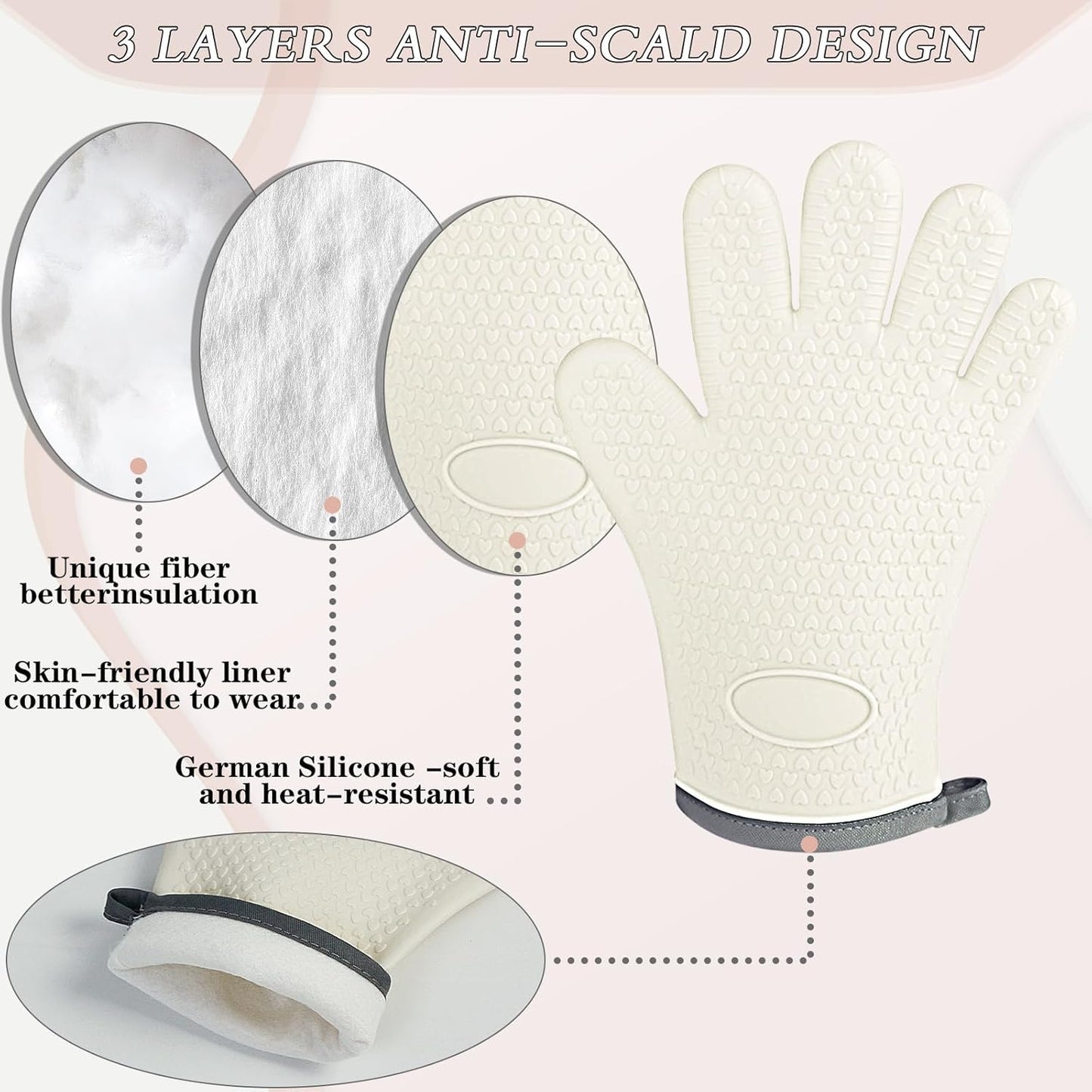 Oven Mitts with Fingers, Heat Resistant 500°F, Waterproof & Non-Slip Kitchen Gloves for Baking, Grilling, Cooking.5-Finger Design with Soft Lining, Hanging Hook,Milky White