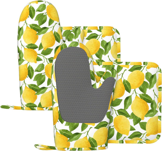 Lemon Oven Mitts and Pot Holders Sets of 4,Resistant Hot Pads with Silicone Non-Slip BBQ Gloves for Kitchen,Cooking,Baking,Grilling
