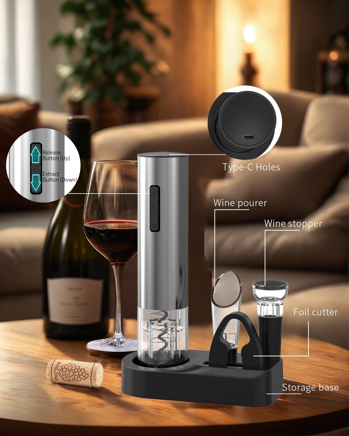 CIRCLE JOY 5-in-1 Electric Wine Opener Set Rechargeable Stainless Steel Automatic Corkscrew Wine Bottle Opener Set with Foil Cutter, Wine Aerator Pourer, Vacuum Wine Stopper and Storage Base, Silver