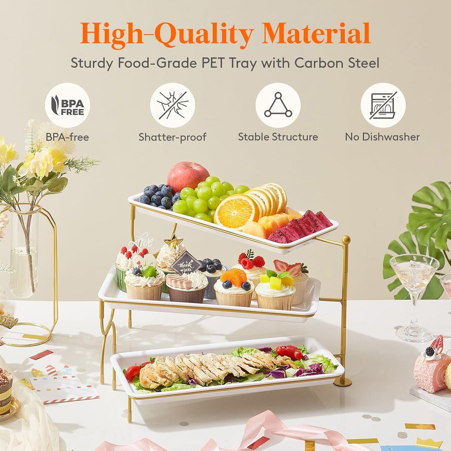 Lifewit 3 Tiered Tray Stand for Party Entertaining, 14"×6.5" Serving Platters and Trays, Reusable Plastic Trays with Stable Gold Mental Stand for Veggie, Fruit, Cookies, Dessert