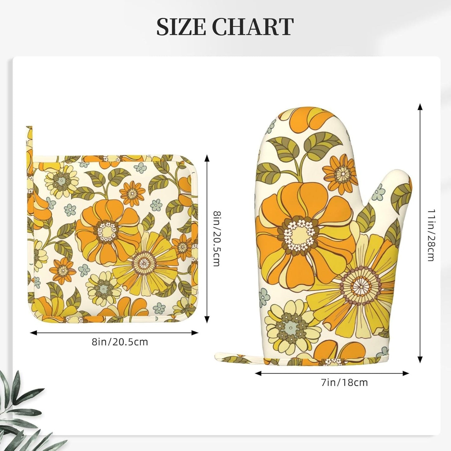 Retro 70s Style Flower Oven Mitts and Pot Holders Sets Silicone Kitchen Mitts Potholders Heat Resistant 4Pcs Oven Gloves Hot Pads for Kitchen Baking Cooking BBQ Grilling