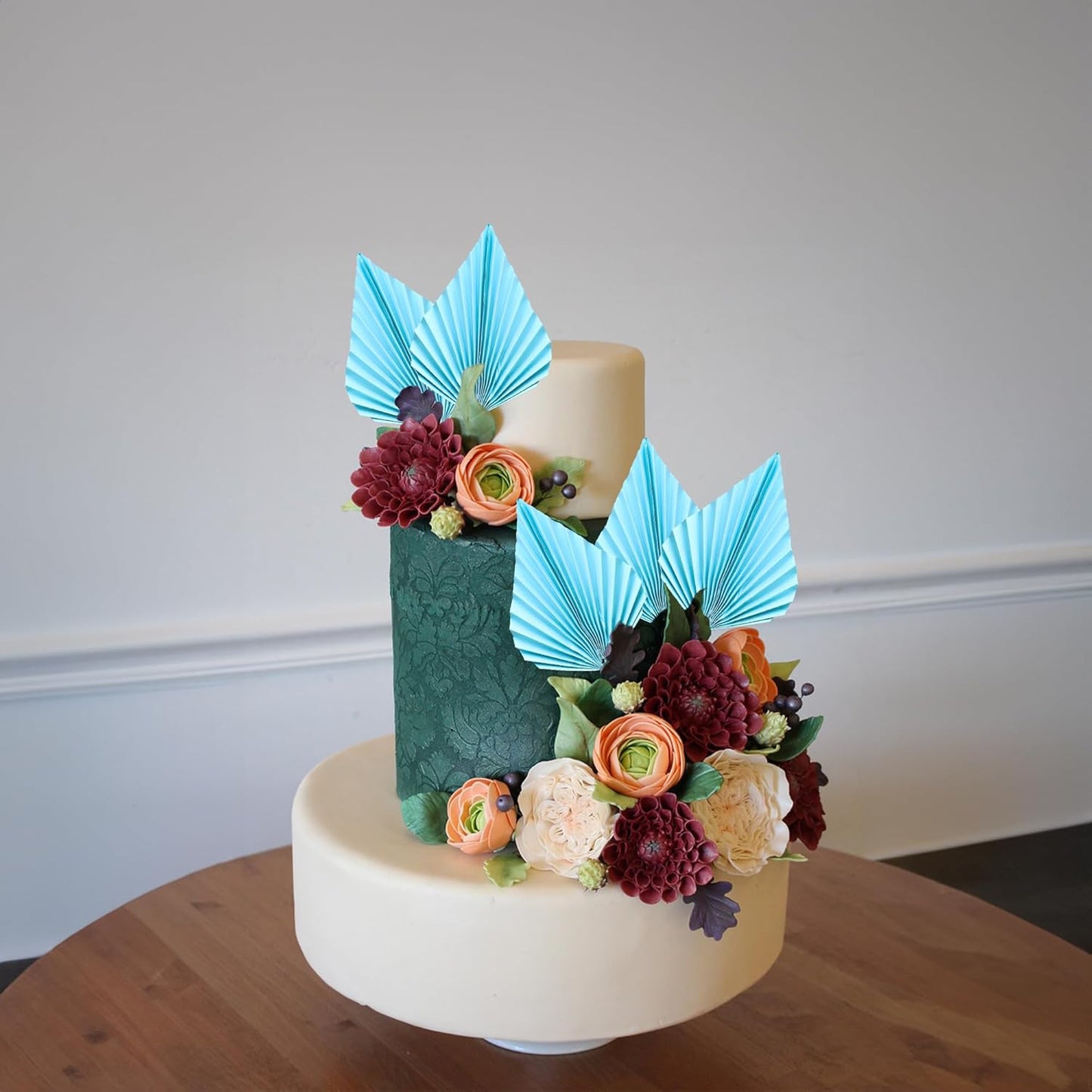 Gyufise 6pcs Paper Palm Fan Cake Toppers - Palm Leaf Fan & Spear Leaf Cupcake Toppers - Cake Insert Decoration for DIY Craft Projects, Home, Wedding, Party Supplies - Lake Blue