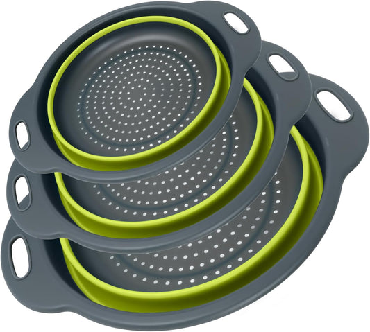 Collapsible Colander 3-Pack Set Space-Saving Foldable Kitchen Strainer with Non-Slip Base Durable Thickened PP+TPE Collapsible Strainers for Pasta, Vegetables, Fruits (Gray-Green)