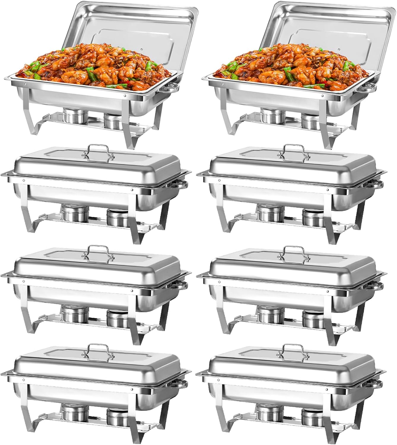 8 Qt 8 Pack Full Size Stainless Steel Chafing Dishes Buffet Set, Silver Rectangular Catering Chafer Warmer Set with Trays Pan Lid Folding Frame Stand for Kitchen Party Banquet Dining