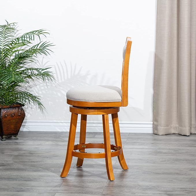 DTY Indoor Living Meeker X Back Fabric Swivel Stool, 30” Bar Height, Natural Finish, Beige Fabric Seat