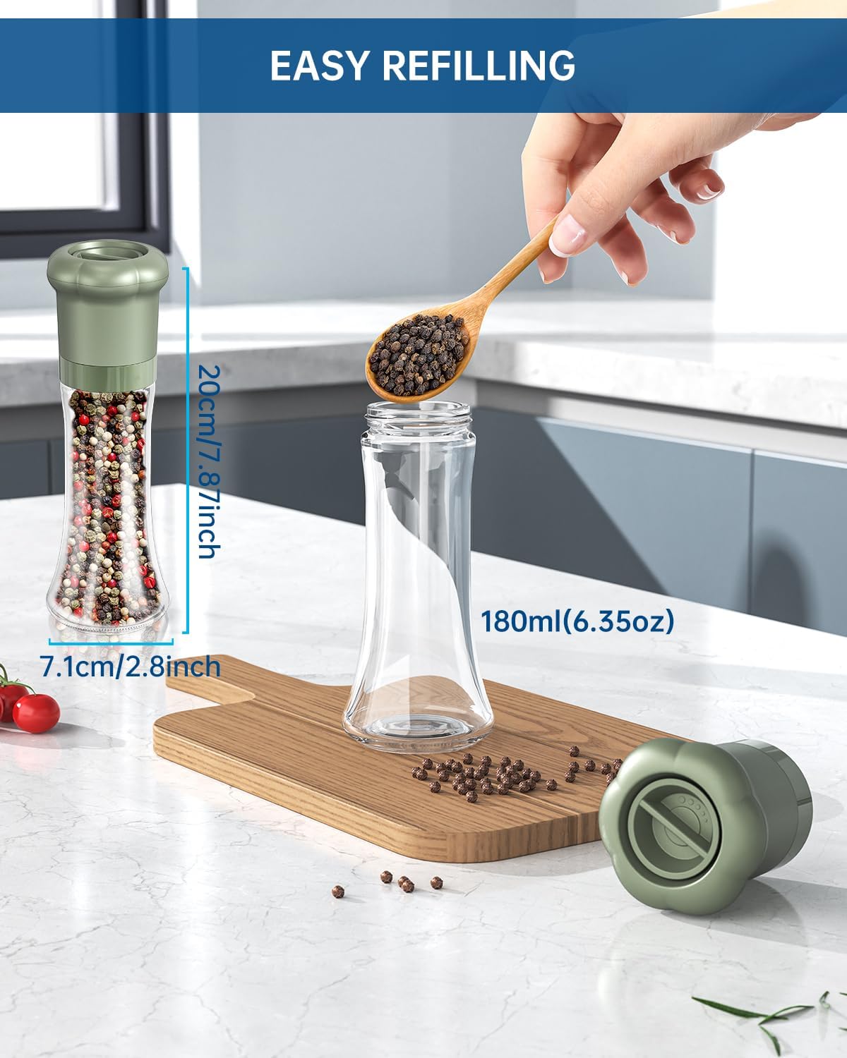 CIRCLE JOY Manual Salt and Pepper Grinder Set For Professional Chef, Refillable Salt and Pepper Shakers with Ceramic Blades, Adjustable Coarseness and BPA-free 180ml Glass Container, Tall Green