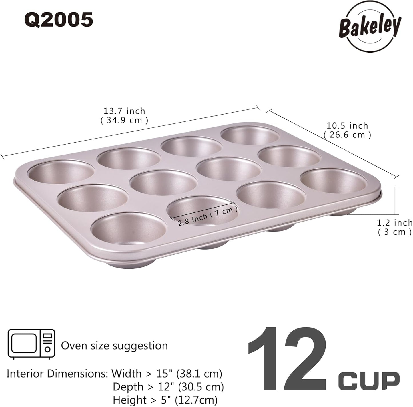 Muffin Cake Pan, 12-Cavity Non-Stick Cupcake Pan Bakeware for Oven Baking Set of 2 (Champagne Gold)